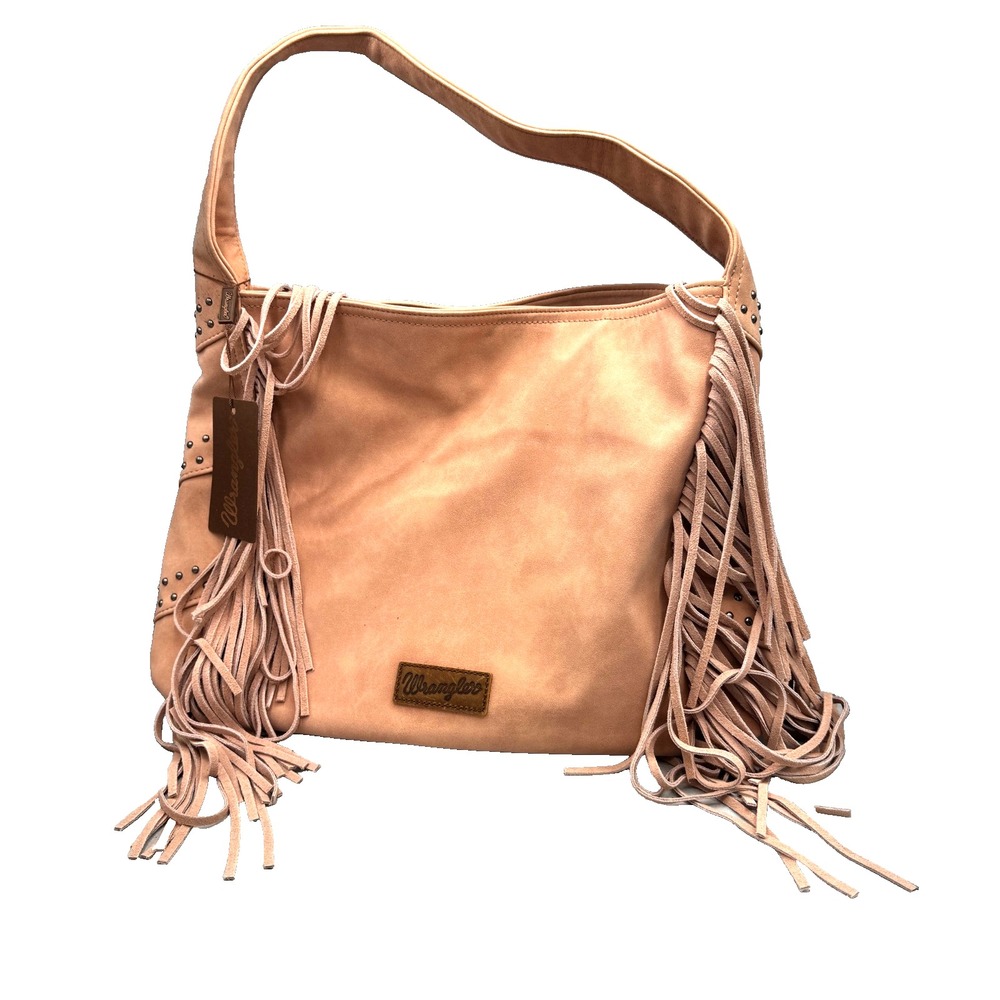 NEW Wrangler Shiloh Fringe Studded Leather Hobo Shoulder Bag Pink Western Boho - Picture 3 of 15